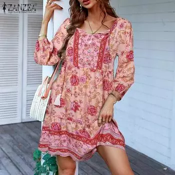 ZANZEA Женское свободное короткое платье с круглым вырезом и рукавами 9/10 на шнуровке и цветочным принтом