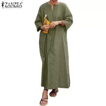 ZANZEA Женское свободное летнее длинное платье с v-образным вырезом и рукавами 3/4