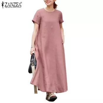 ZANZEA Женское свободное летнее повседневное хлопковое платье с короткими рукавами и круглым вырезом XL розовый