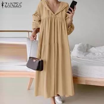 ZANZEA женское свободное однотонное длинное платье с короткими рукавами и длинными рукавами, плиссированное, многослойное, на пуговицах S белый