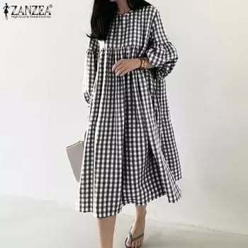 ZANZEA Женское свободное платье с длинным рукавом и принтом в клетку с пузырьками 3XL чёрный