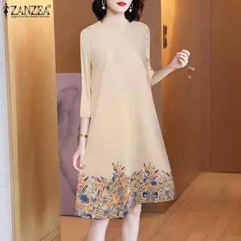 ZANZEA Женское свободное платье с круглым вырезом и рукавами 3/4 и пряжкой с принтом