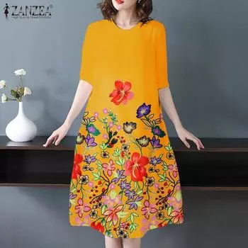 ZANZEA Женское свободное платье с круглым вырезом и рукавами 1/2 с принтом