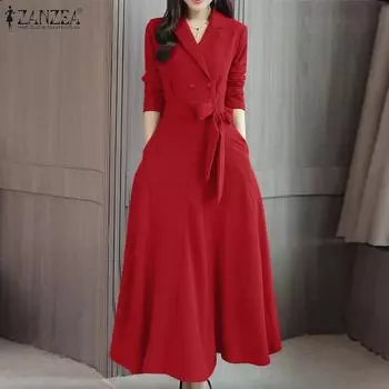 ZANZEA женское свободное платье с v-образным вырезом, лацканами, длинными рукавами, карманами на пуговицах и галстуком-бабочкой S чёрный