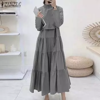 ZANZEA женское свободное плиссированное повседневное длинное платье с высоким воротом и длинными рукавами, двухслойное M серый