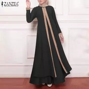 ZANZEA Женское свободное повседневное длинное платье трапециевидной формы с длинными рукавами и круглым вырезом