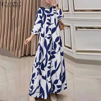 ZANZEA Женское свободное повседневное длинное платье с круглым вырезом и длинным рукавом с принтом S синий