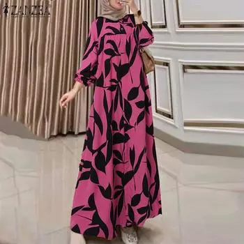 ZANZEA Женское свободное повседневное длинное платье с круглым вырезом и длинным рукавом с принтом L