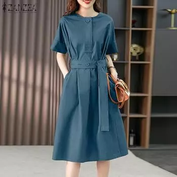 ZANZEA Женское свободное повседневное летнее длинное платье с круглым вырезом и половиной рукавов