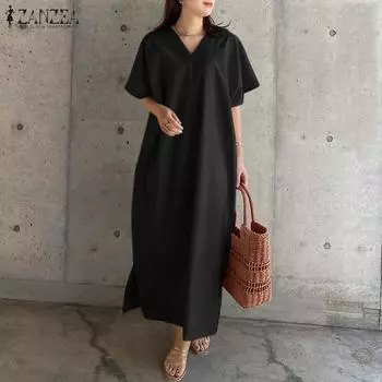 ZANZEA Женское свободное повседневное летнее длинное платье с v-образным вырезом и половиной рукавов M хаки