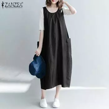 ZANZEA Женское свободное повседневное летнее платье без рукавов с круглым вырезом