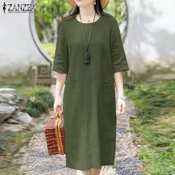 ZANZEA Женское свободное повседневное летнее платье с круглым вырезом и рукавами 3/4