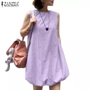 ZANZEA Женское свободное повседневное летнее платье без рукавов с круглым вырезом