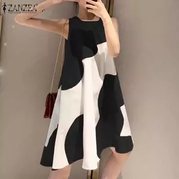 ZANZEA Женское свободное повседневное летнее платье без рукавов с круглым вырезом