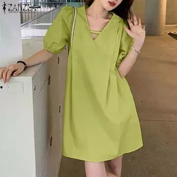 ZANZEA Женское свободное повседневное летнее платье с v-образным вырезом и короткими рукавами