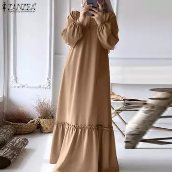 ZANZEA Женское свободное повседневное однотонное длинное платье с круглым вырезом и длинными рукавами