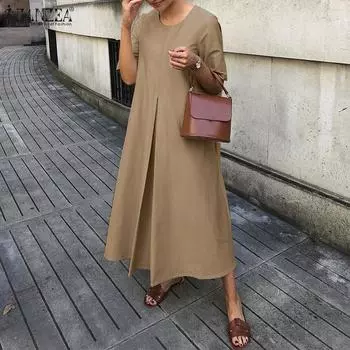 ZANZEA женское свободное повседневное однотонное летнее длинное платье с короткими рукавами и круглым вырезом