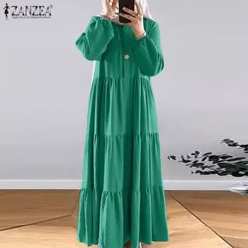 ZANZEA Женское свободное повседневное осеннее длинное платье с длинным рукавом и круглым вырезом