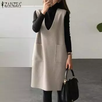 ZANZEA Женское свободное повседневное осеннее платье без рукавов с v-образным вырезом и жилетом S хаки