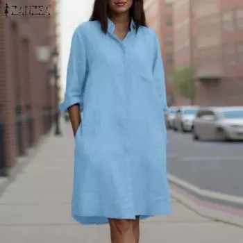 ZANZEA Женское Свободное Повседневное Платье-рубашка с Отложным Воротником и Рукавом 3/4 S синий