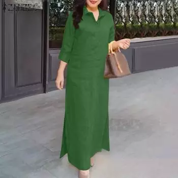 ZANZEA Женское свободное повседневное платье-рубашка с отложным воротником и рукавом 3/4 L зелёный
