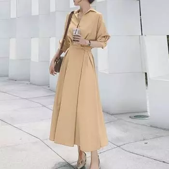 ZANZEA Женское свободное повседневное платье с длинным рукавом 3/4 и отложным воротником S хаки