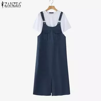 ZANZEA Женское свободное повседневное платье с квадратным воротником и без рукавов на бретелях S темно-синий