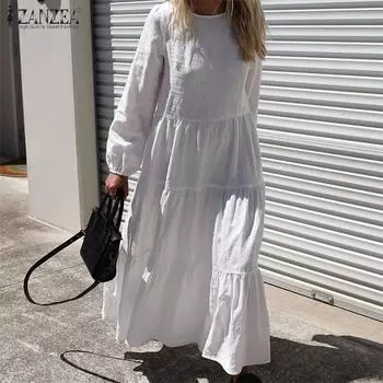 ZANZEA Женское свободное повседневное простое длинное платье с круглым вырезом и длинными рукавами