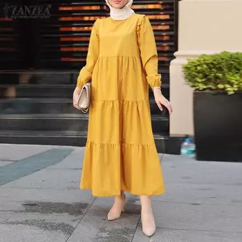 ZANZEA Женское свободное повседневное простое платье с круглым вырезом и длинными рукавами