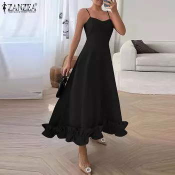 ZANZEA Женское вечернее повседневное платье без рукавов с оборками и бретельками XL чёрный