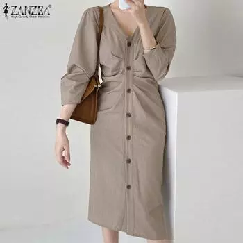 ZANZEA Женское весеннее повседневное однотонное платье-футляр с длинным рукавом и v-образным вырезом