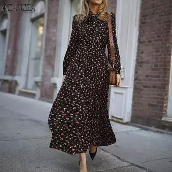 ZANZEA женское винтажное платье макси с цветочным принтом и завязками на шее, элегантное повседневное платье с длинными рукавами