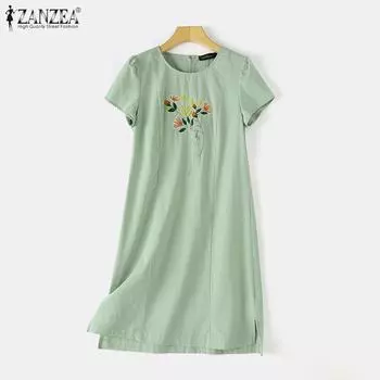 ZANZEA Женское винтажное повседневное вышитое платье с коротким рукавом и круглым вырезом S жёлтый