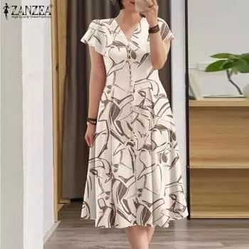 ZANZEA Женское винтажное принтованное модное платье с оборками на пуговицах и закрытым рукавом 5XL чёрный