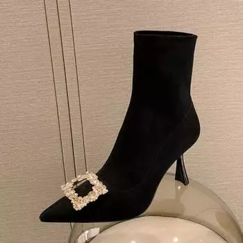 Заостренные эластичные носки, ботильоны для женщин, обувь для вечеринок, модные легкие туфли на шпильках, сексуальные туфли со стразами на высоком каблуке, Botas 34 чёрный