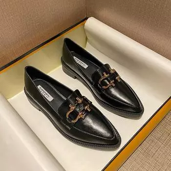 Заостренные британские туфли из кожи, ленивые туфли-маффины с одной педалью, мокасины на толстой подошве и толстом каблуке с металлической пряжкой 34 чёрный