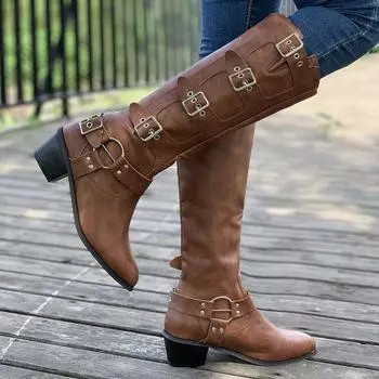 Заостренные ретро-ковбойские сапоги женские 2024 новые высокие ботинки Martin с пряжкой на ремне, но детские сапоги до колена 36 чёрный