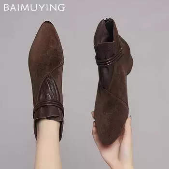 Заостренный носок массивные женские ботильоны замшевые модные элегантные туфли на среднем каблуке 2025 года трендовый дизайнер готика зимние челси Botas Mujer 35 чёрный