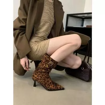 Заостренный носок с леопардовым принтом, ботинки челси до середины голени, женские зимние ботинки, туфли на высоком каблуке, туфли-лодочки для вечеринок, трендовые готические замшевые ботинки Zapatillas 35