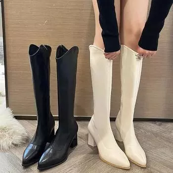 Заостренный носок, высокие женские ботинки челси, средний каблук, массивная обувь, зимняя мода 2024 года, туфли-лодочки, сексуальная женская обувь для вечеринок 35 бежевый