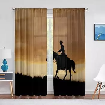 Западная ковбойская ковбойская верховая езда, прозрачная вуаль, шторы для гостиной, спальни, кухни, окна, шифоновая тюлевая занавеска, украшение 1 PCS W100XH250cm&Rod Pocket
