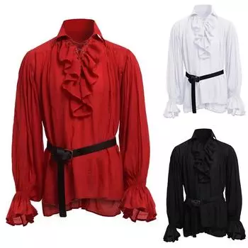 Западная мужская мода плиссированный воротник-стойка с длинным рукавом средневековая рубашка косплей костюм XL красный