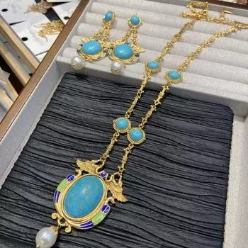 Западное античное эмалевое ожерелье с птицей бирюзового цвета, средневековые гальванизированные серьги из настоящего золота с жемчугом Mapei