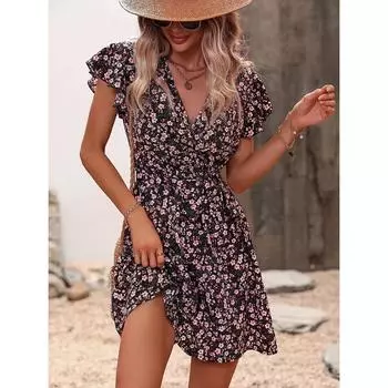 западное платье для женщин| Платье с запахом и V-образным вырезом с цветочным принтом| Платье в стиле вестерн с оборками на рукавах| Короткое летнее мини-платье | Платье для отпуска| Платье для улицы S