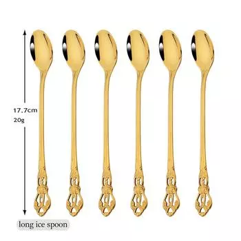 Западный 6 шт. золотой набор посуды, набор столовых приборов из нержавеющей стали, длинные ложки для льда, столовая посуда, чайная кофейная ложка, набор столовых приборов серебряный