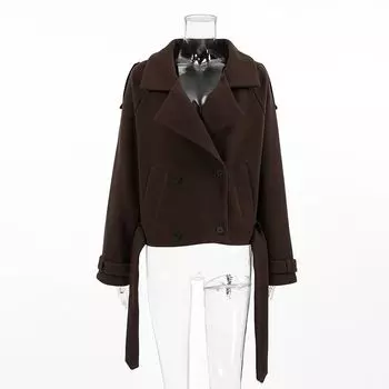 Западный стиль Осень и Зима Новый Лацкан Темперамент Двубортный Шерстяной Пиджак Свободный Пиджак с Воротником Костюмного Типа Brown M