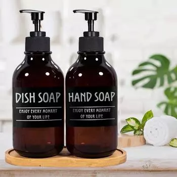 Запасной флакон для эстетического мыла, шампуня для путешествий, портативный диспенсер для мыла и шампуня большой емкости для ванной комнаты с пластиковым лотком и 6 этикетками set1-glossy black