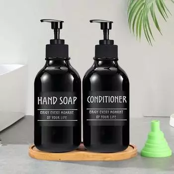 Запасной флакон для эстетического мыла, шампуня для путешествий, портативный диспенсер для мыла и шампуня большой емкости для ванной комнаты с пластиковым лотком и 6 этикетками set1-glossy black