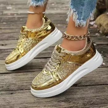 Zapatillas con cordones doradas para mujer, zapatillas para caminar al aire libre, высокие большие, однотонные цвета, элегантные 36 чёрный