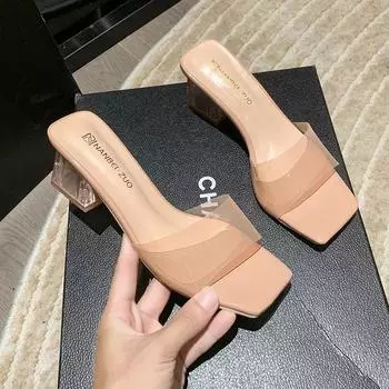 Zapatillas de cristal de tacn medio para mujer, прозрачные сандалии de punta cuadrada, a la moda, para verano 35 чёрный